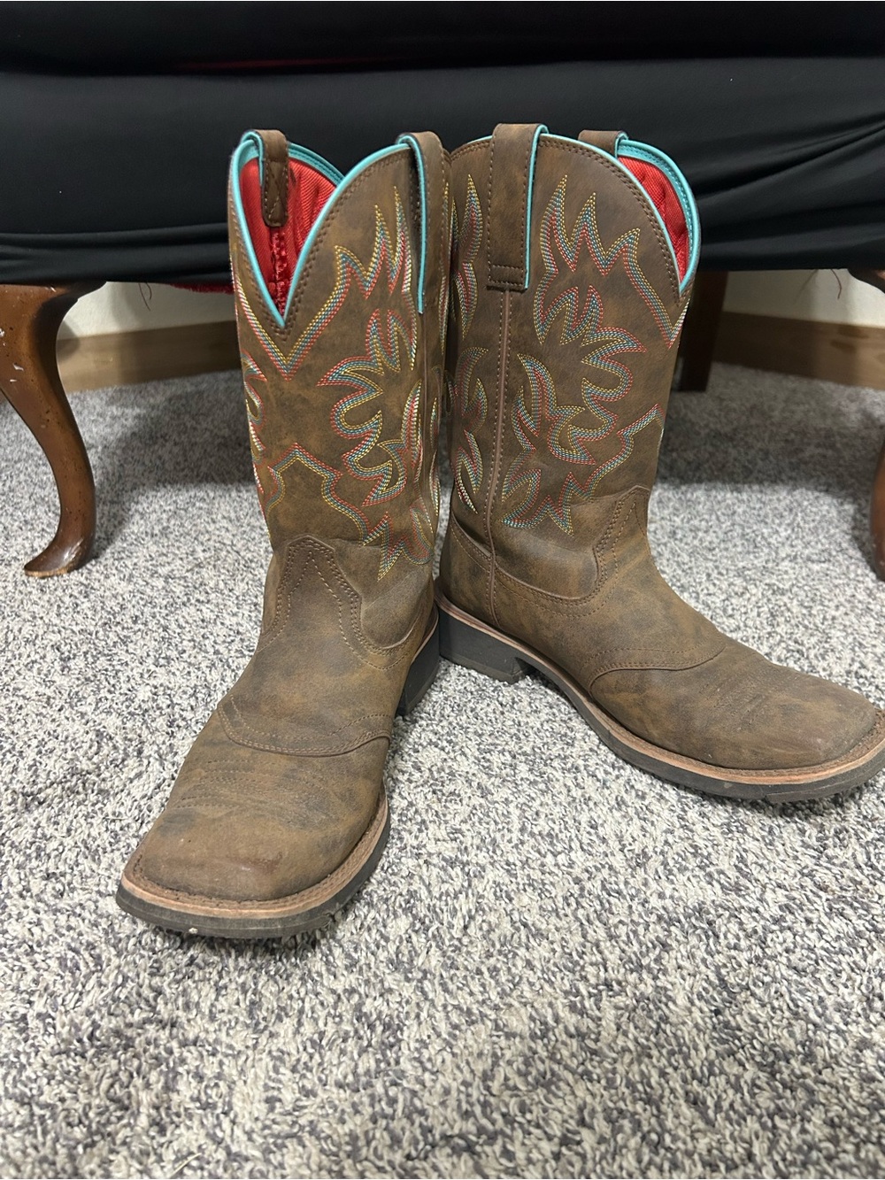 Ariat Brown Western Heeled Cowgirl Boots with Turquoise & Red Trim